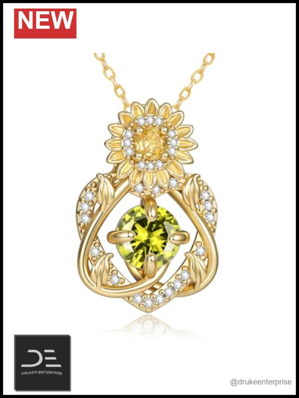 14k Gold Plated Sunflower Birthstone Pendant Necklace with Peridot CZ